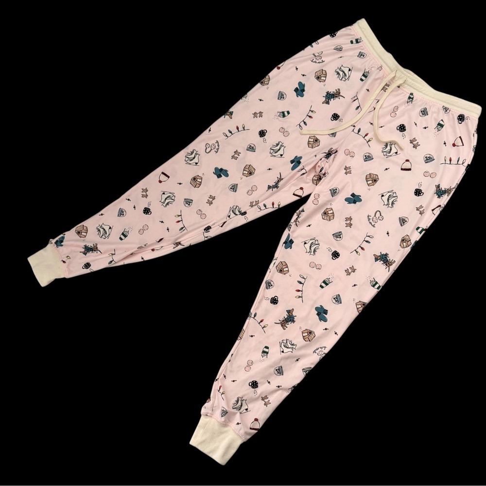 KATE SPADE Women Pajama Pant Set S Jersey Blush Pink HOLIDAY Dachshund Henley - Picture 8 of 12